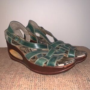 Fly London Teal Leather Wedge Sandals